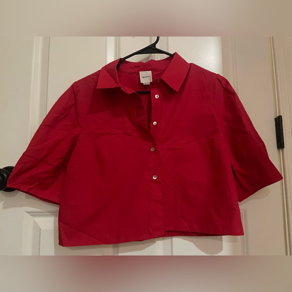 Maeve Cropped Red Button-Down Women's Shirt